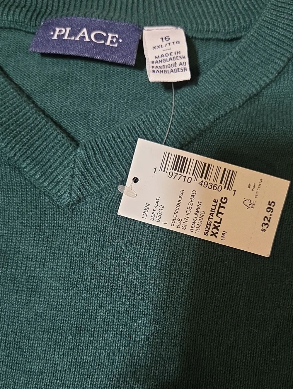 New Hunter Green The Children's Place  V-Neck Sweater 16 Xxl